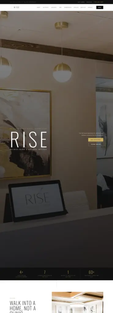 Rise Wellness Lounge home page, full length